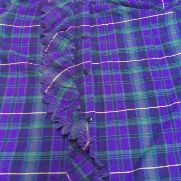 Ralph Lauren Girls' Size 12 Short Sleeve Ruffle Dress Purple/Green Plaid Cotton